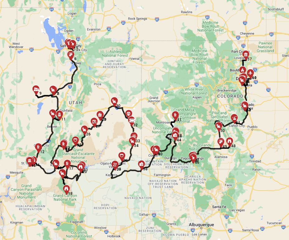 RV trip planner a route from Salt Lake City to Denver